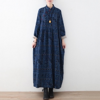 Niebieska Luźna Sukienka Lniana Z Guzikami W Stylu Vintage
