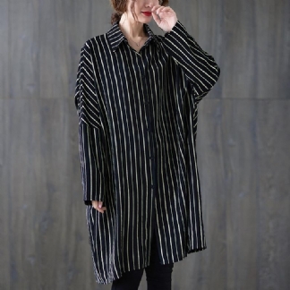 Plus Size Luźne Paski Z Dekoltem Polo Bawełniana Sukienka Midi