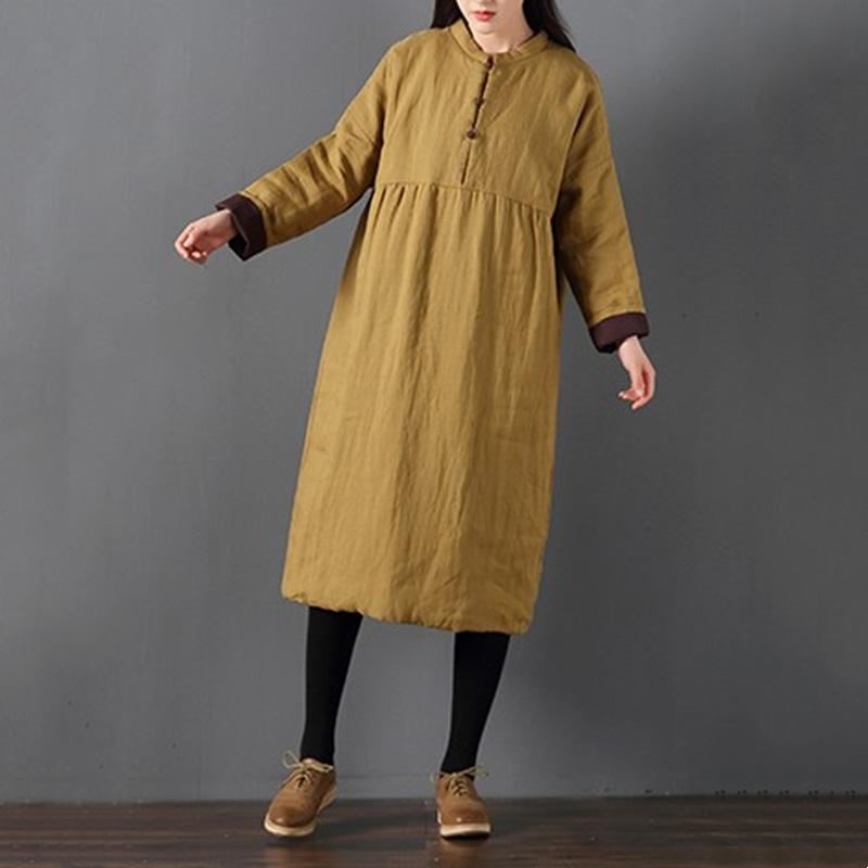 Plus Size Zimowa Luźna Bawełniana Wyściełana Lniana Sukienka