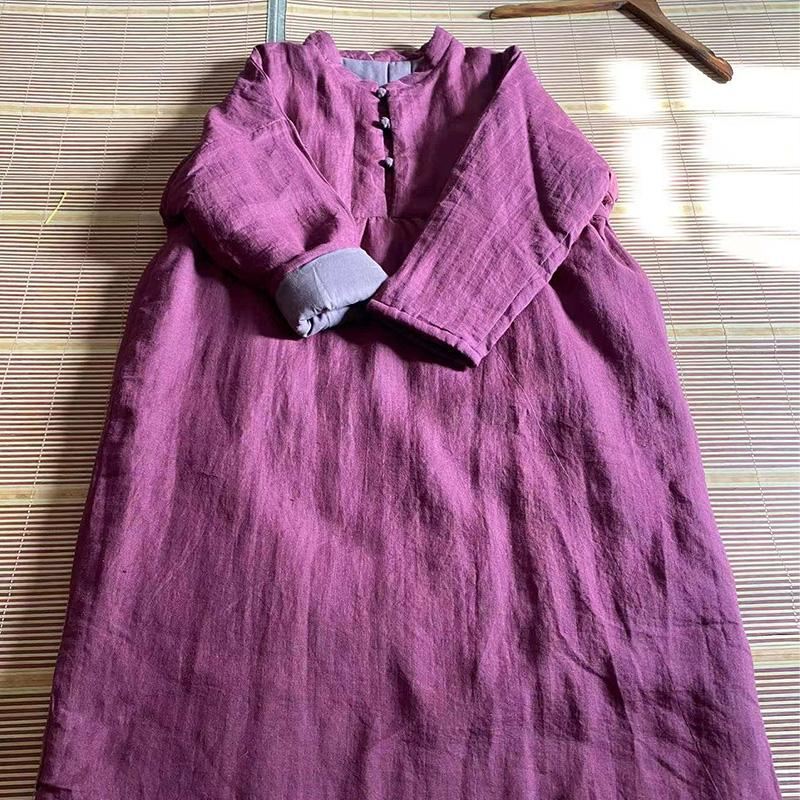 Plus Size Zimowa Luźna Bawełniana Wyściełana Lniana Sukienka