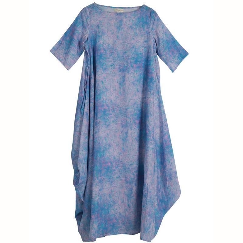 Vintage Printed Cocoon Casual Luźna Lniana Sukienka