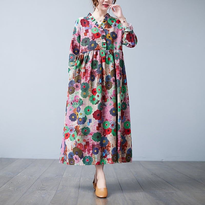 Wiosenna Retro Dekolt W Serek Kwiatowy Luźna Sukienka Plus Size