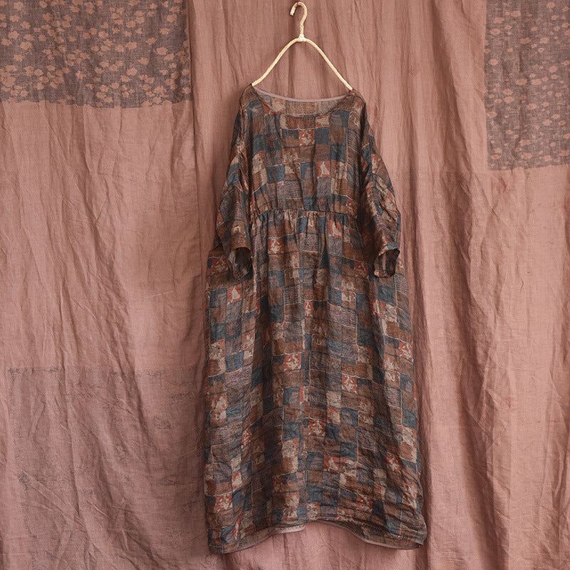 Wiosna Lato Vintage Kwiatowy Lniana Luźna Sukienka