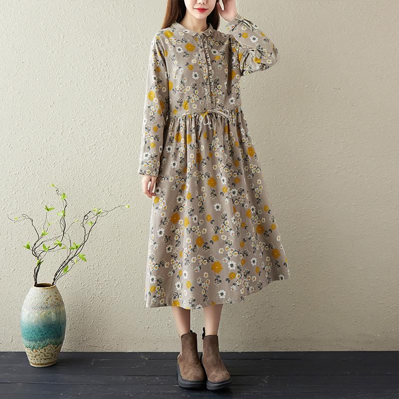 Wiosna Retro Kwiatowa Bawełniana Lniana Sukienka Casual-line