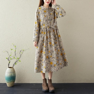 Wiosna Retro Kwiatowa Bawełniana Lniana Sukienka Casual-line
