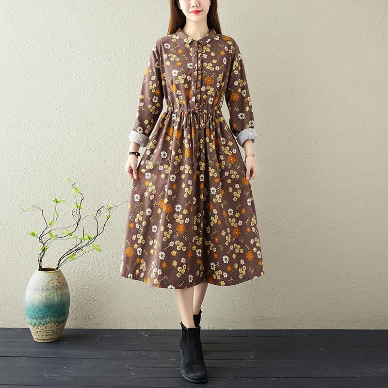 Wiosna Retro Kwiatowa Bawełniana Lniana Sukienka Casual-line