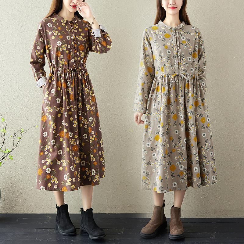 Wiosna Retro Kwiatowa Bawełniana Lniana Sukienka Casual-line