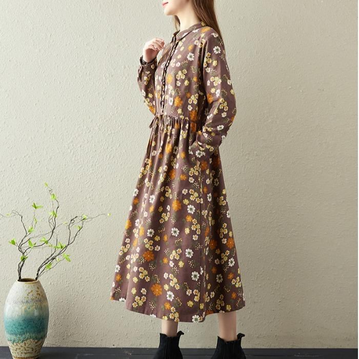 Wiosna Retro Kwiatowa Bawełniana Lniana Sukienka Casual-line
