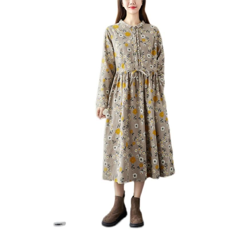 Wiosna Retro Kwiatowa Bawełniana Lniana Sukienka Casual-line