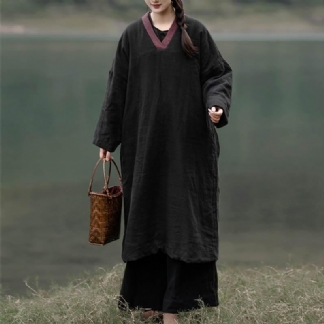 Zimowa Bawełniana Lniana Luźna Pikowana Sukienka W Stylu Vintage