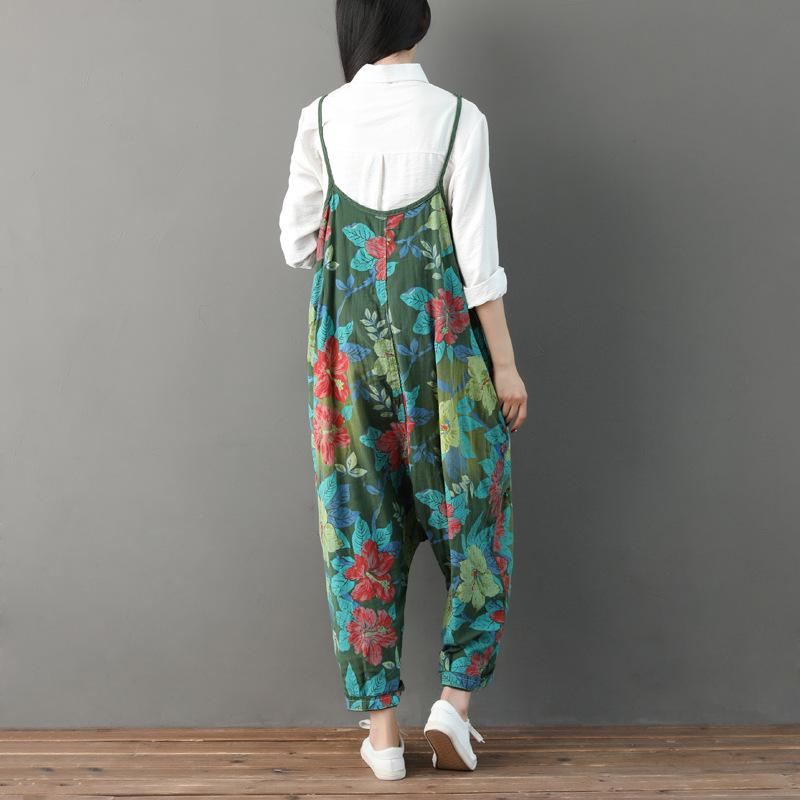 Letnie Casual Floral Kieszenie Damskie Zielone Kombinezony