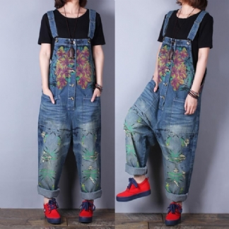 Retro Druk Luźny Denim Wiosna Lato Hole Kombinezon