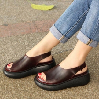 Letnie Buty Ze Skóry Bydlęcej Na Co Dzień Kawowe Sandały Na Koturnie