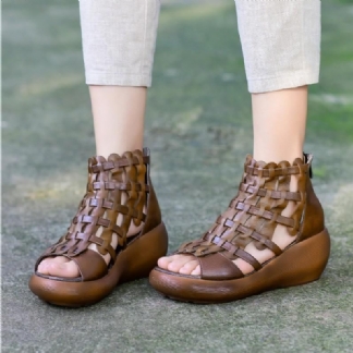 Letnie Skórzane Kliny Retro Tkane Ręcznie Robione Sandały