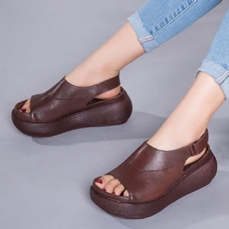 Skórzane Sandały Na Rzepy Damskie Na Co Dzień Peep Toe Platform