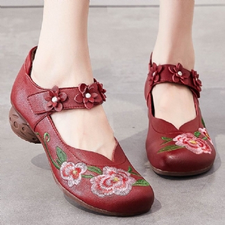 Damskie Buty W Stylu Vintage Z Kwiatowym Haftem Ze Skóry Na Co Dzień