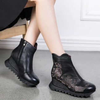 Jesień Retro Skórzane Ręcznie Haftowane Buty Damskie Na Koturnie W Stylu Etnicznym