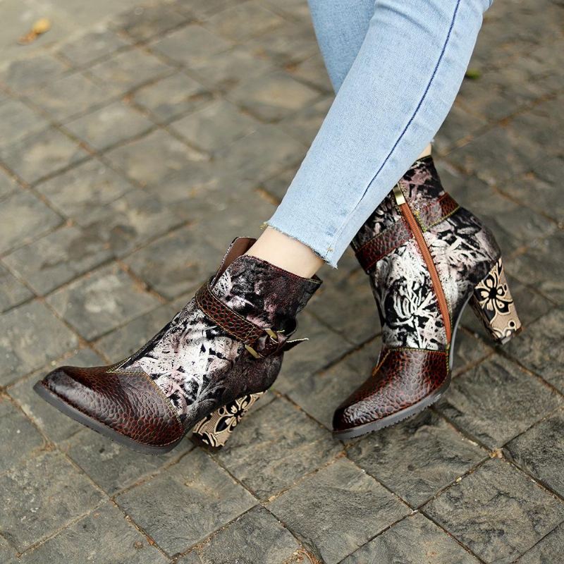 Jesienno-zimowa Retro Kwieciste Buty Na Wysokim Obcasie Z Nadrukiem