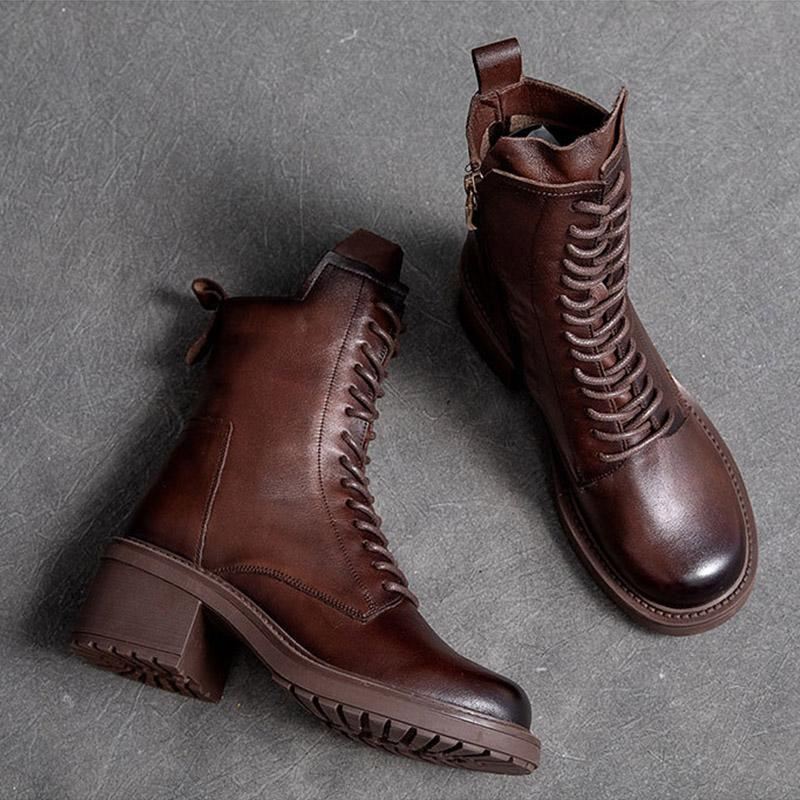 Jesienno-zimowa Retro Skórzane Buty Na Koturnie Na Co Dzień