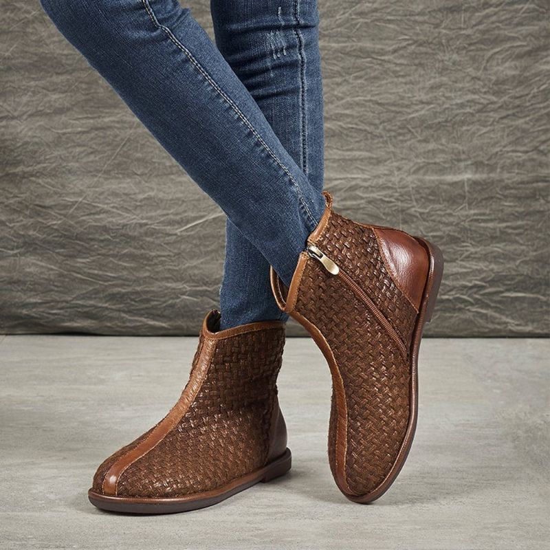 Ręcznie Robione Buty Zimowe Damskie Ze Skóry W Stylu Retro Tkane Pluszowe