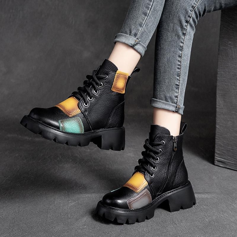 Wiosna Jesień Patchwork Okrągłe Skórzane Buty