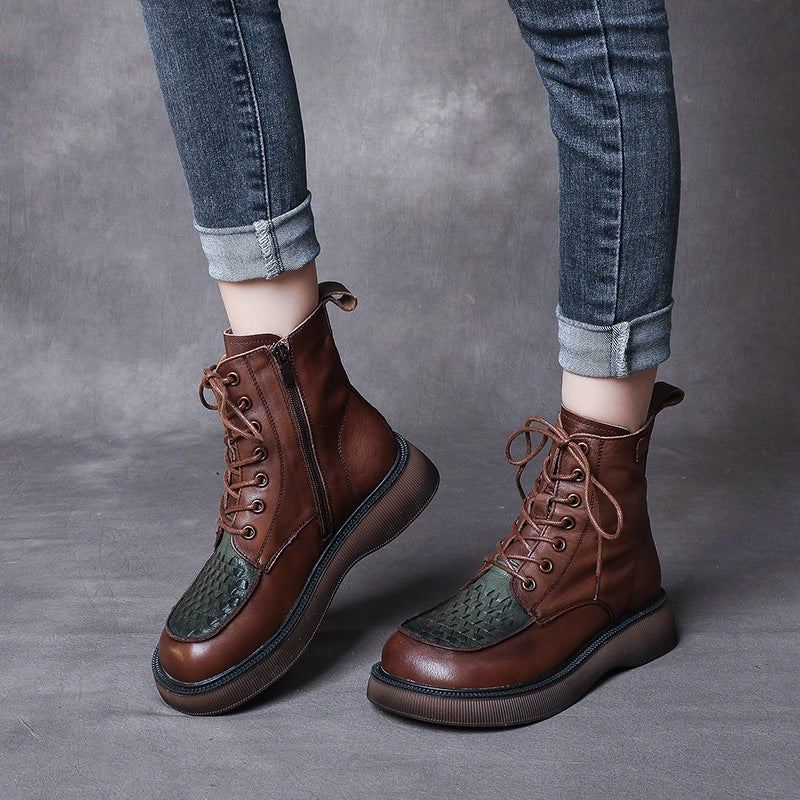 Wiosna Jesień Retro Tkane Okrągłe Skórzane Buty