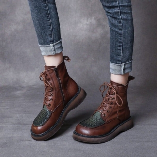 Wiosna Jesień Retro Tkane Okrągłe Skórzane Buty
