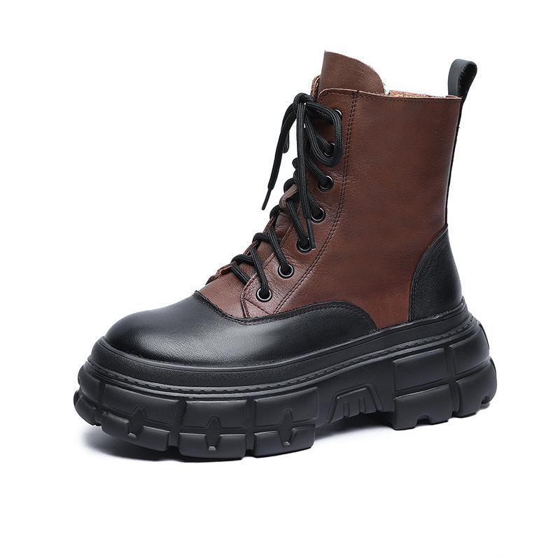 Zimowe Damskie Buty Skórzane W Stylu Retro Z Patchworku